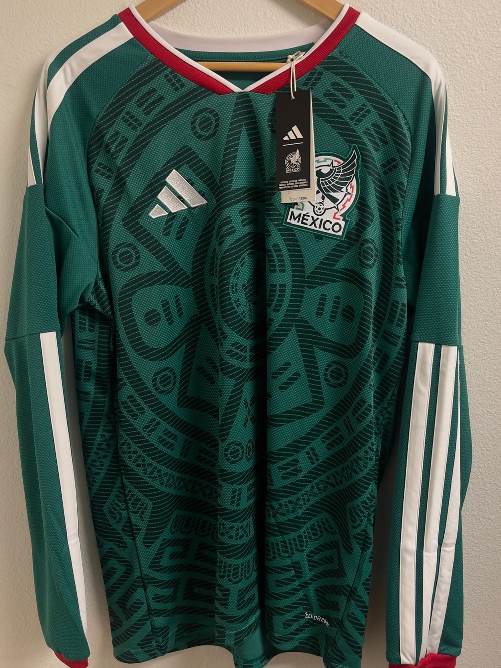 adidas Mexico Men's Dark Green Long-Sleeve Football Jersey with White Stripes